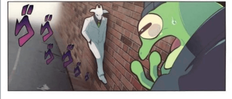 Scene: The goat detective confidently starts walking up the wall, defying gravity. The frog robber's eyes widen in fear.